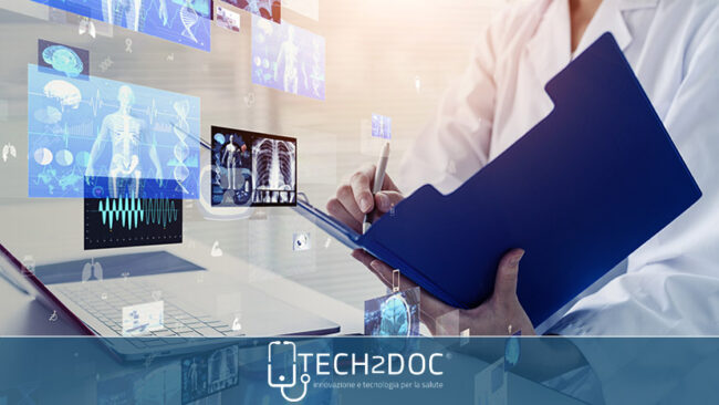 Man wearing holographic virtual reality glasses during medical research.