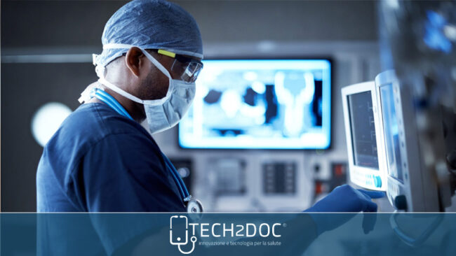 Man wearing holographic virtual reality glasses during medical research.