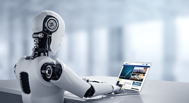 Robot humanoid use laptop and sit at table in future office