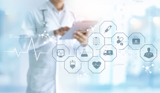 Medicine doctor with stethoscope using tablet and medical icon network connection on virtual screen interface in hospital background. Modern medical technology concept.