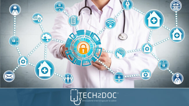 Man wearing holographic virtual reality glasses during medical research.