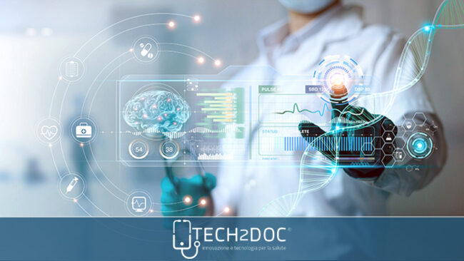 Man wearing holographic virtual reality glasses during medical research.