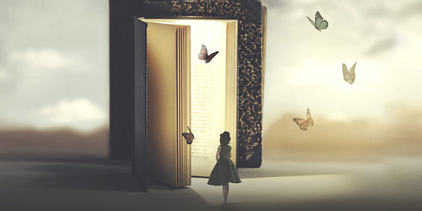 poetic encounter between a woman and butterflies coming out of a book